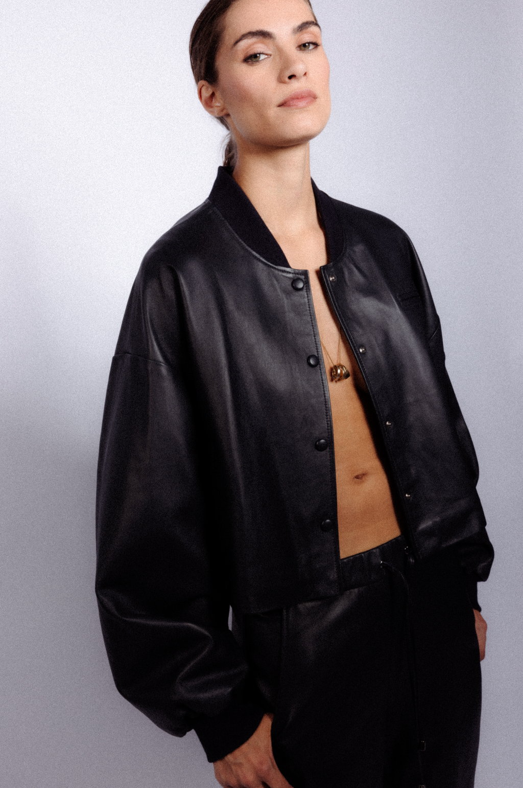 Viktorya I Leather Bomber Jacket - Navy